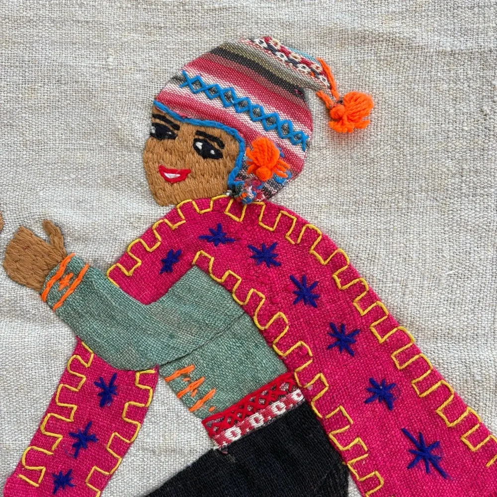 Chile/Peru Embroidered Weaving Textile Tapestry Man and Woman with Baby Dancing